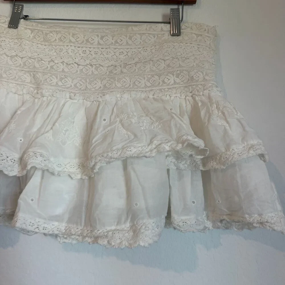 Free People White Eleanora Lace Eyelet Tiered Mini Skirt Women's Size Large